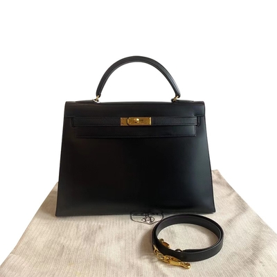 HermèS Kelly 32 Preloved Gemerkte Zak Zwarte Epsom Sellier de Gouden Zwarte van de Hardwaredoos