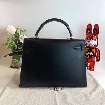 HermèS Kelly 32 Preloved Gemerkte Zak Zwarte Epsom Sellier de Gouden Zwarte van de Hardwaredoos