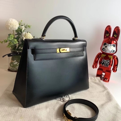 HermèS Kelly 32 Preloved Gemerkte Zak Zwarte Epsom Sellier de Gouden Zwarte van de Hardwaredoos