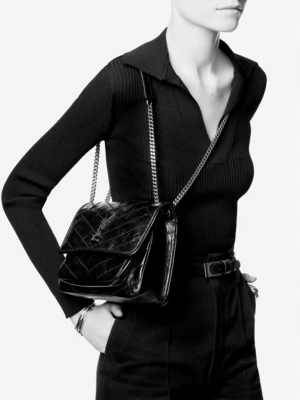 WOC van YVES SAINT LAURENT van het leerhandvat Gemerkt Boodschapper Bag DND1N 1000 NIKI