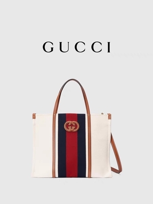 Katoenen van Gucci Wit Canvas Mini Blue Striped Tote Bag die G met elkaar verbinden