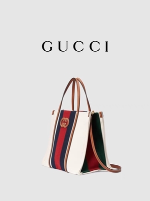 Katoenen van Gucci Wit Canvas Mini Blue Striped Tote Bag die G met elkaar verbinden