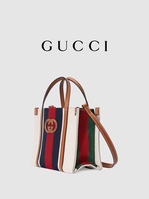 Linnen die G Gemerkte Boodschapper Bag Gucci Blue en Rode Streepzak met elkaar verbinden