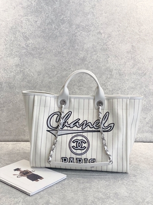 30cm 23P Chanel Deauville Tote Bag White Ecru Zwarte Streep