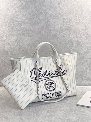 30cm 23P Chanel Deauville Tote Bag White Ecru Zwarte Streep