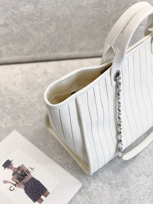 30cm 23P Chanel Deauville Tote Bag White Ecru Zwarte Streep