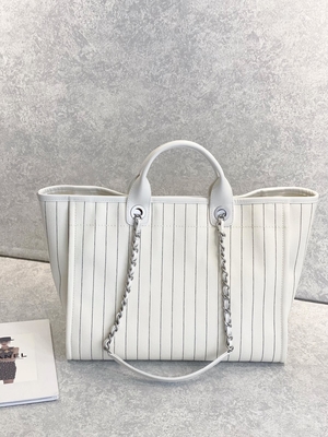30cm 23P Chanel Deauville Tote Bag White Ecru Zwarte Streep