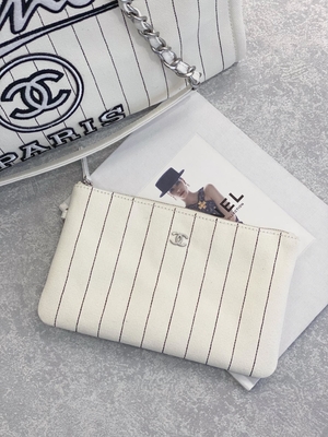 30cm 23P Chanel Deauville Tote Bag White Ecru Zwarte Streep