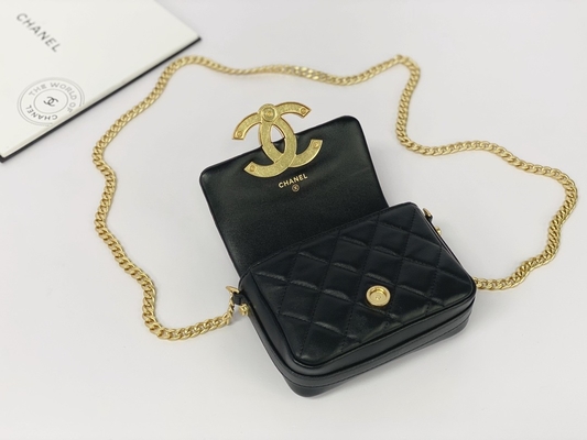 Zwart Lamsvachtleer Gemerkt Boodschapper Bag Chanel Flap Phone Holder